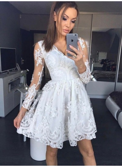 Long Sleeve White Deep V Neck A Line Lace Pleated Sheer Short Homecoming Dresses