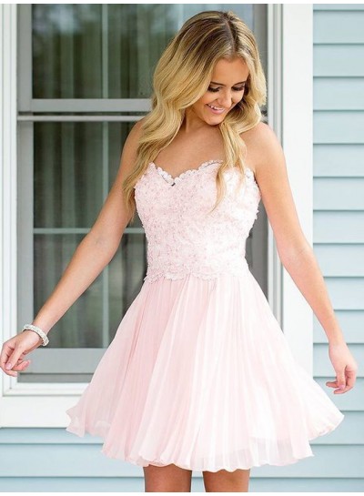 Strapless Sweetheart Chiffon A Line Pleated Appliques Blushing Pink Short Homecoming Dresses