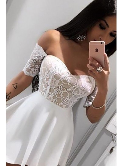 Off The Shoulder Half Sleeve A Line Lace Satin Ivory Short Homecoming Dresses