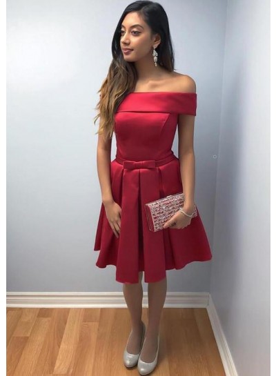 Off The Shoulder Red A Line Pleated Bowknot Elegant Satin Knee Length Homecoming Dresses