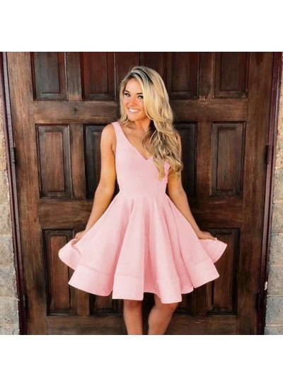 Deep V Neck Sleeveless A Line Satin Pink Pleated Short Homecoming Dresses