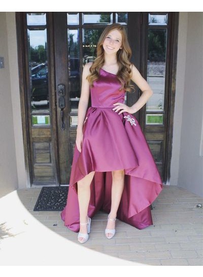 One Shoulder Sleeveless High Low Floor Length Simple Satin A Line Homecoming Dresses