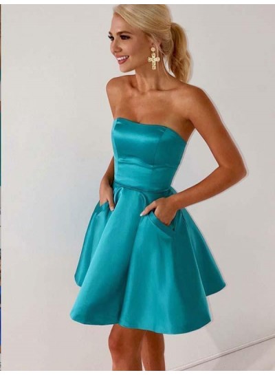 Teal Strapless A Line Short Pleated Satin Backless Pockets Homecoming Dresses