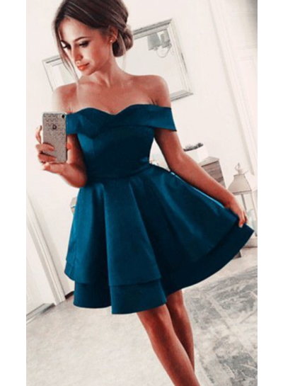 A Line Off The Shoulder Satin Tiered Pleated Short Elegant Tiered Homecoming Dresses