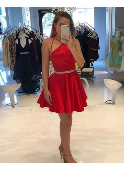 Halter Spaghetti Straps A Line Satin Sexy Pleated Short Red Simple Homecoming Dresses