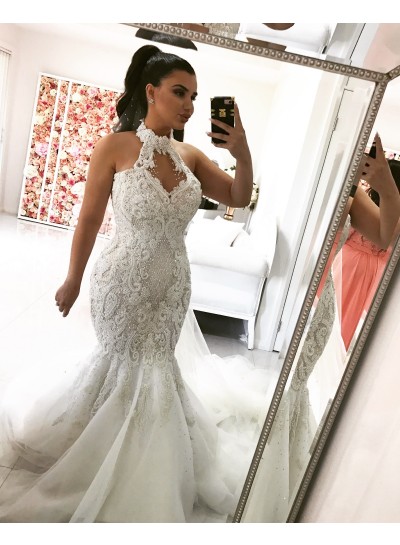 2023 Mermaid Sexy Wedding Dresses Tulle With Embroidery High Neck Long Plus Size Bridal Gowns