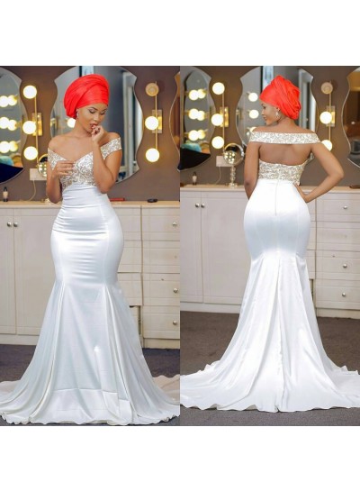 2024 Mermaid Wedding Dresses Satin Off Shoulder Embroidery Backless Long Bridal Gowns