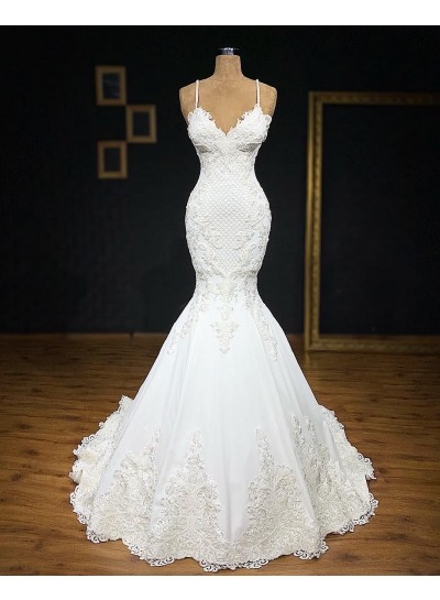 2024 Mermaid Sexy Wedding Dresses Spaghetti Straps Sweetheart Satin Applique Bridal Gowns