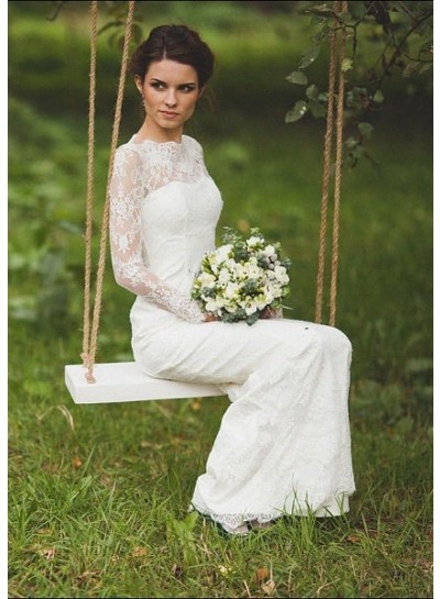 2024 Wedding Dresses Sheath Long Sleeves Floor Length Long Side Slit Lace Bridal Gowns
