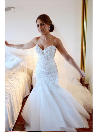 2024 Sweetheart Mermaid Tulle Wedding Dresses Applique Tiered Long Train Bridal Gowns