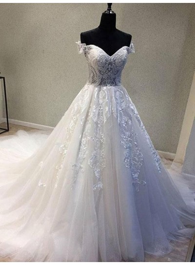 2024 Elegant Wedding Dresses Princess A-Line Off Shoulder Tulle Lace Up Long Lace Sweetheart Bridal Gowns