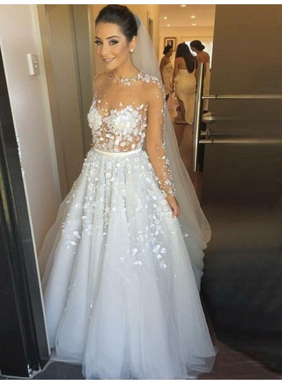 2024 Princess A-Line Wedding Dresses Long Sleeves Tulle With Floral Long Bridal Gowns