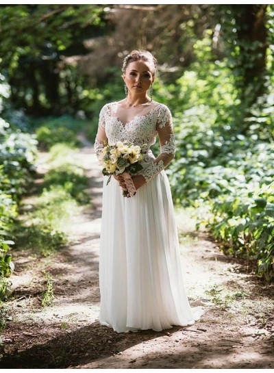 2023 Princess Wedding Dresses A-Line Chiffon Long Sleeves Backless Applique Beach Bridal Gowns