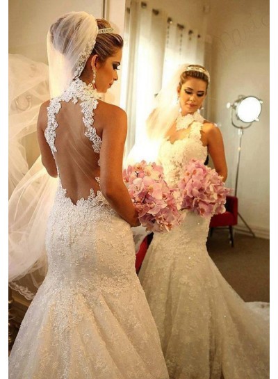 2024 Luxury Wedding Dresses High Neck Mermaid Backless Lace Long Bridal Gowns