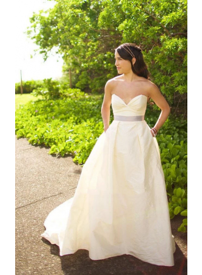 2023 Wedding Dresses Princess A-Line Satin Sweetheart Sash Lace Up Back Strapless Long Bridal Gowns