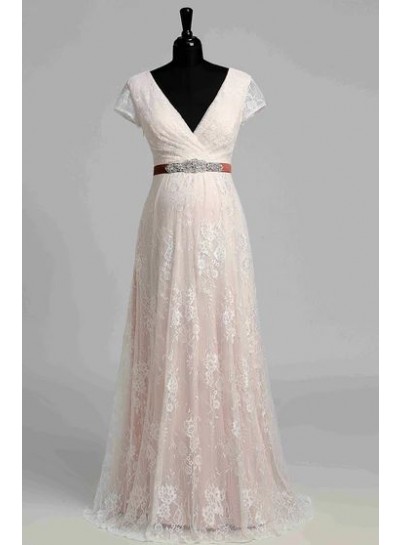 2024 Princess A-Line Wedding Dresses New Arrival V-Neck Capped Sleeves Blushing Pink Lace Maternity Bridal Gowns With Belt 
