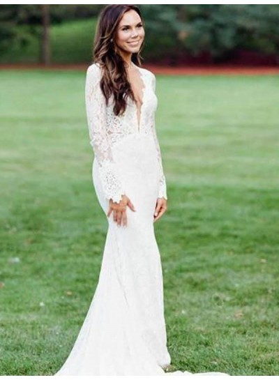 2024 Long Sleeves Wedding Dresses Front Slit Lace Sheath Floor Length Long Backless Beach Bridal Gowns