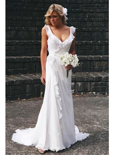 2024 Princess Wedding Dresses A-Line Chiffon Pleated Beach Bridal Gowns