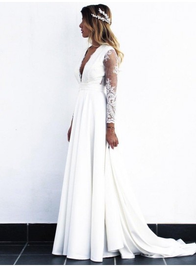 2024 Wedding Dresses Princess A-Line Satin Deep V-Neck Long Sleeves Lace Bridal Gowns