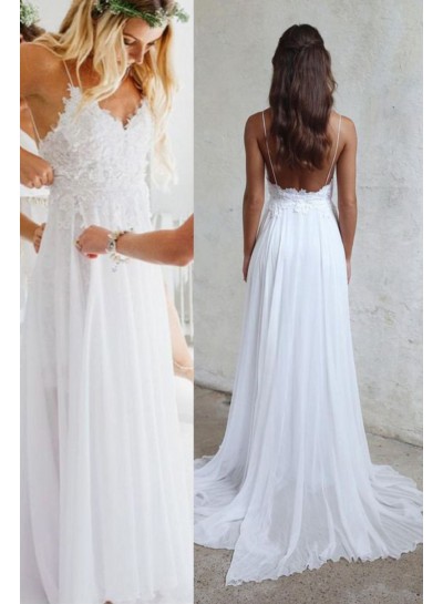 2024 Wedding Dresses Princess A-Line Chiffon Lace Sweetheart Spaghetti Straps Backless Beach Bridal Gowns