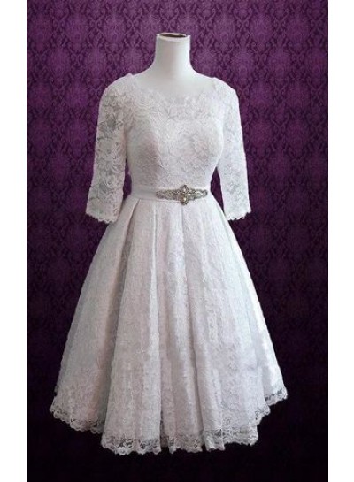 2024 Princess Wedding Dresses A-Line Long Sleeves Lace Tea Length Short Bridal Gowns
