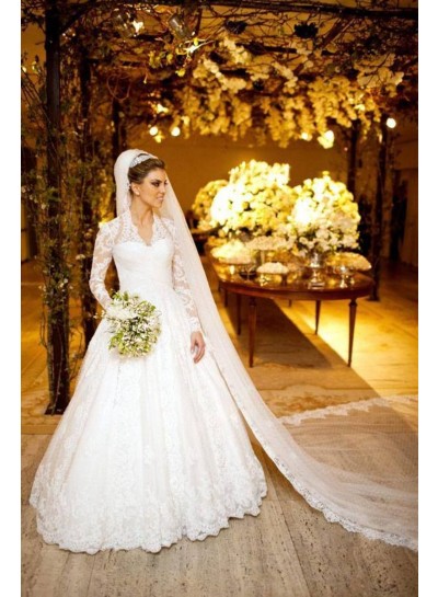 2024 Princess A-Line Wedding Dresses New Arrival Long Sleeves V-Neck Princess Bridal Gowns