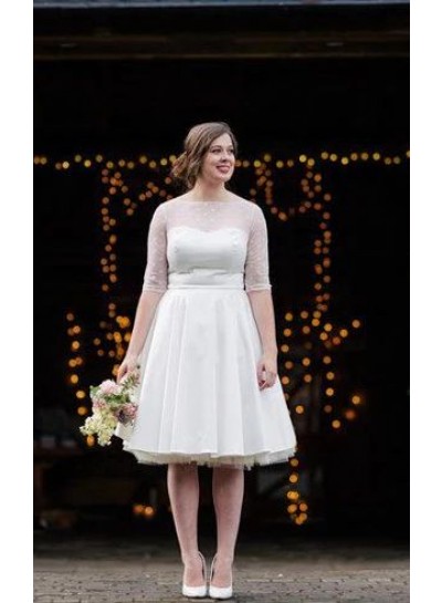2023 Wedding Dresses Princess A-Line Satin Half Sleeves Tea Length Short Bridal Gowns