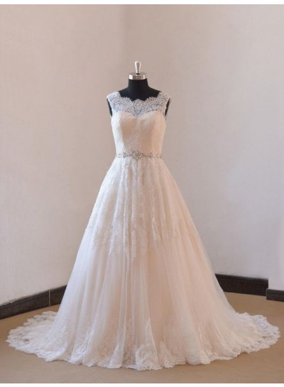 2024 Princess A-Line Wedding Dresses New Arrival Tulle Beaded Sash Long Lace Princess Bridal Gowns