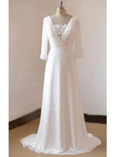 2024 Wedding Dresses Princess A-Line Chiffon Backless Long Sleeves Beach Bridal Gowns