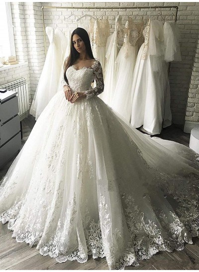 2024 Long Sleeves Wedding Dresses Bateau Lace Princess Ball Gown Bridal Gowns