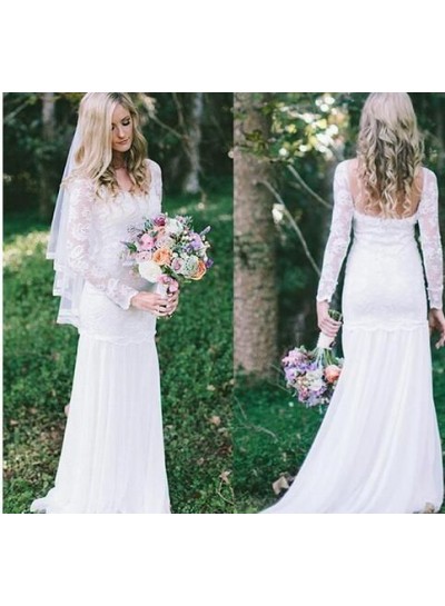 2023 Sheath New Arrival Wedding Dresses Chiffon Long Sleeves Lace Beach Bridal Gowns