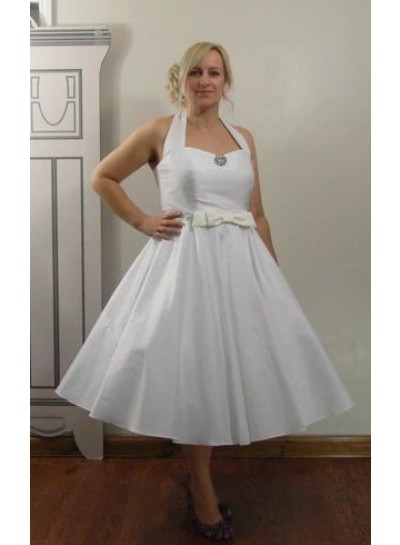 2024 Classic Wedding Dresses Princess A-Line Halter Bowknot Tea Length Short Satin Bridal Gowns