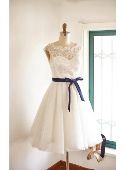 2024 Wedding Dresses Princess A-Line Sweetheart  Tea Length Lace Blue Bowknot Short Bridal Gowns