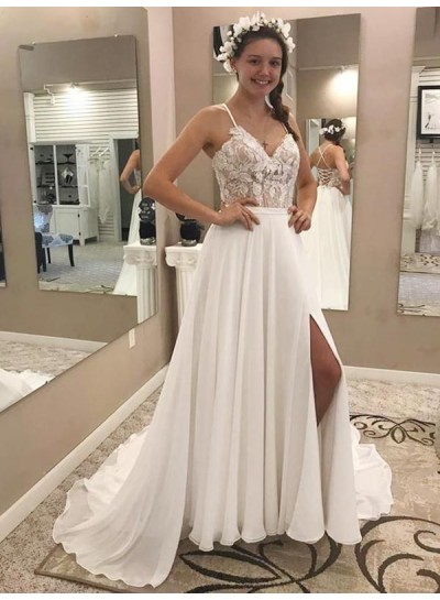 2023 Wedding Dresses Princess A-Line Chiffon Lace Up Back Side Slit Sweetheart Beach Bridal Gowns