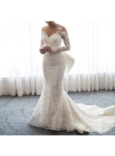 2022 Sheath Column Wedding Dresses Long Sleeves Lace Bowknot Long Bridal Gowns