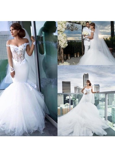 2022 Mermaid New Wedding Dresses White Sweetheart Off Shoulder Tulle Long Sleeves Bridal Gowns