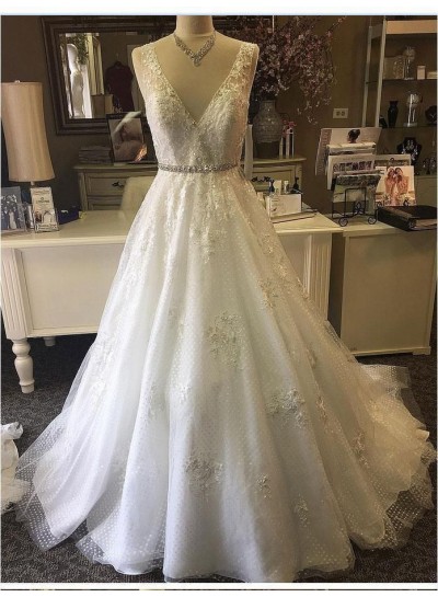 2024 Wedding Dresses Princess A-Line V-Neck Tulle Beaded Sash Classic Bridal Gowns