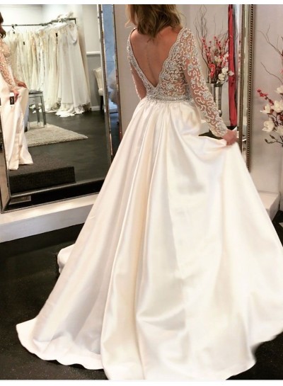 2024 Princess A-Line Wedding Dresses New Arrival Satin Long Sleeves Front Slit Beaded Backless Bridal Gowns