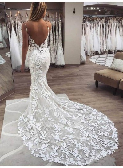 2022 Mermaid Sexy Wedding Dresses Sweetheart Spaghetti Straps Backless Lace Bridal Gowns
