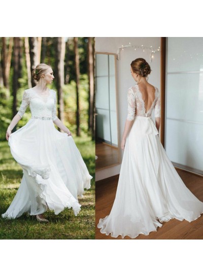 2024 Wedding Dresses Princess A-Line Chiffon Long Sleeves Backless Lace Bowknot Beach Bridal Gowns