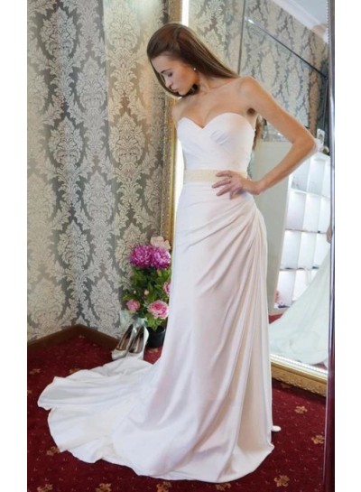 2024 Wedding Dresses Sheath Pleated Satin Sweetheart Lace Up Back Belt Bridal Gowns