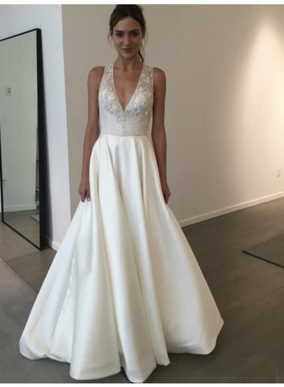 2024 Wedding Dresses Princess A-Line Satin V-Neck Halter Beaded Appliques Classic Bridal Gowns