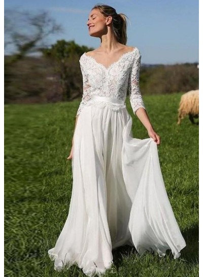 2023 Wedding Dresses Chiffon Princess A-Line Long Sleeves Backless Belt Lace Beach Bridal Gowns