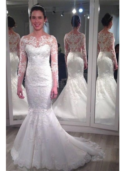 2024 Mermaid Wedding Dresses Long Sleeves Lace Bateau Classic Bridal Gowns