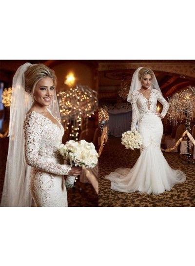 2024 Mermaid Wedding Dresses Long Sleeves Backless Open Front Classic Bridal Gowns