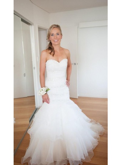 2024 Mermaid Wedding Dresses Sweetheart Organza Pleated Lace Up Back Beaded Bridal Gowns