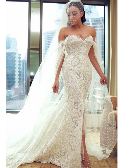 2024 Sheath New Arrival Wedding Dresses Off Shoulder Dots Side Slit Sweetheart Lace Bridal Gowns