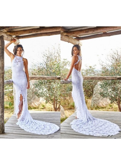 2024 Sheath New Arrival Wedding Dresses White Side Slit Lace Backless Halter Beach Bridal Gowns
