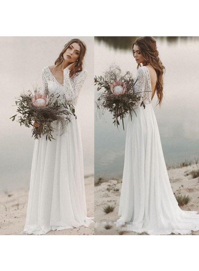 2024 Elegant Wedding Dresses Princess A-Line Chiffon Long Sleeves V-Neck Beach Bridal Gowns