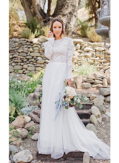 2024 Wedding Dresses Princess A-Line Long Sleeves Lace Bateau Chiffon Beach Bridal Gowns